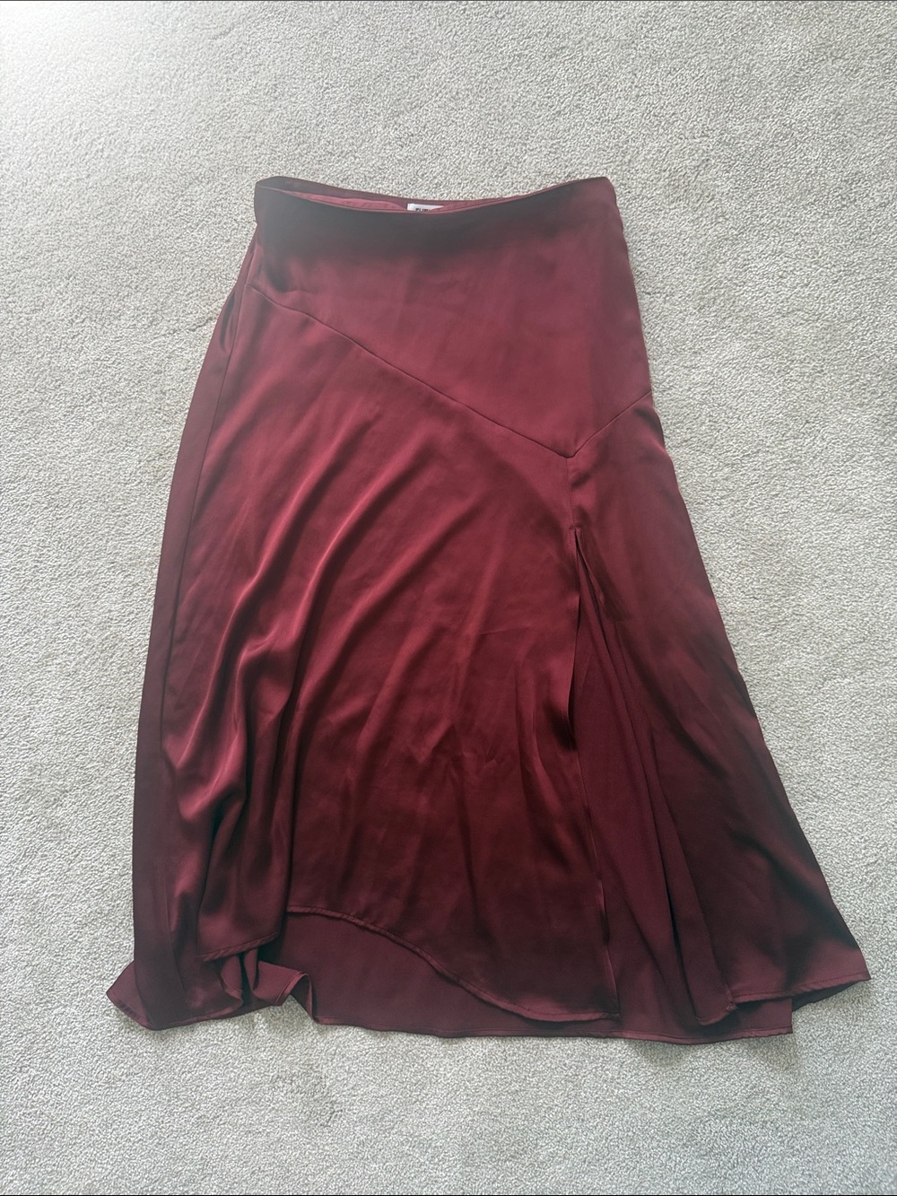 Satin-Feel Wine Midi Skirt with Asymmetrical Hem